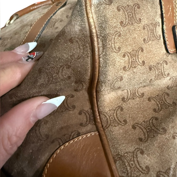 Vintage Celine Macadam Suede Boston Bag Brown Monogram Leather Trim Top Handle - Picture 6 of 13
